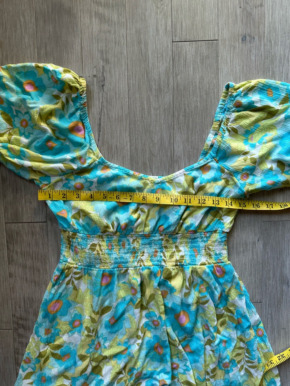 Billabong Aqua and Lime Floral Puff-Sleeve Mini Dress Y2K Style Size Large - Picture 6 of 8
